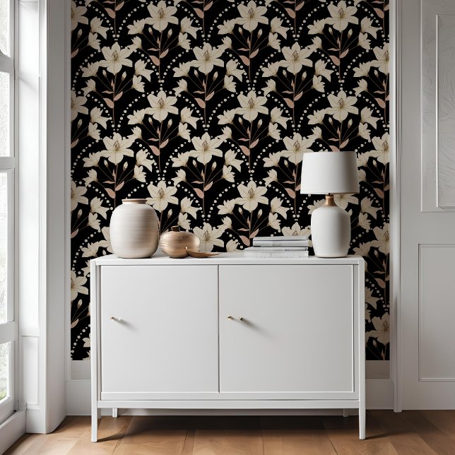 Papel Pintado Flor floral geométrica Patrón de Lily Beige Negro (Subido por el creador)