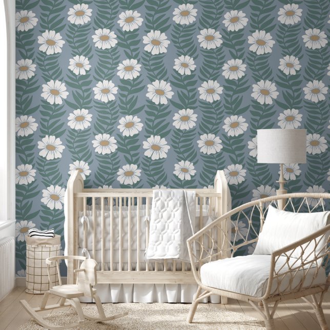 Papel Pintado Flor ondulada azul y marfil ondulada (Niños)