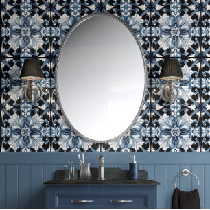 Papel Pintado Flor regal escarcha Azul Blanco Negro Tradicional