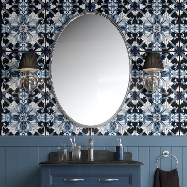 Papel Pintado Flor regal escarcha Azul Blanco Negro Tradicional (Royal Frost Peel and Stick Wallpaper )