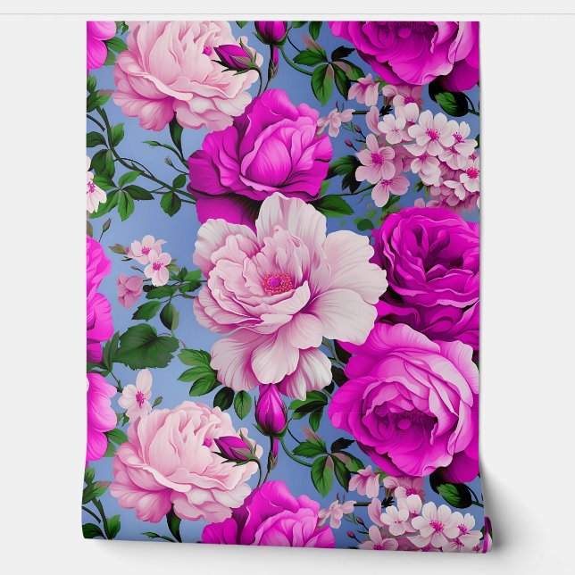 Papel Pintado Flor Rosa púrpura grande retro (Desenrollar)
