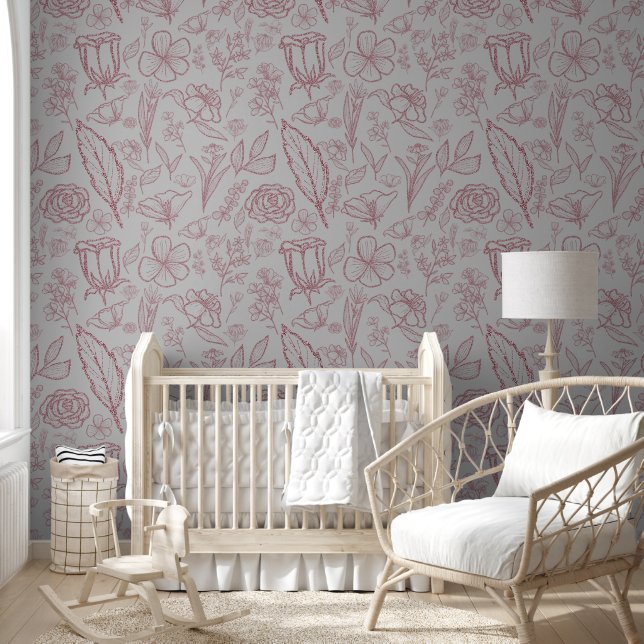 Papel Pintado Flor rosa simple en gris | (Niños)