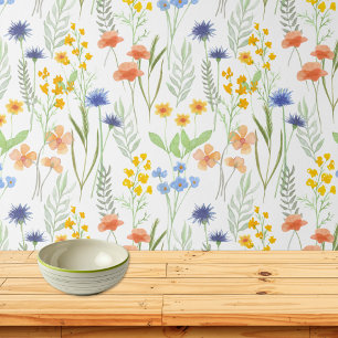 Papel Pintado Flor Silvestre Acuarela Amarillo Naranja Azul