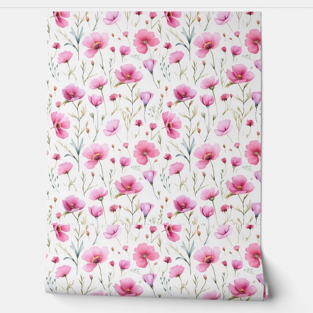Papel Pintado Flor silvestre de acuarela rosa (Desenrollar)