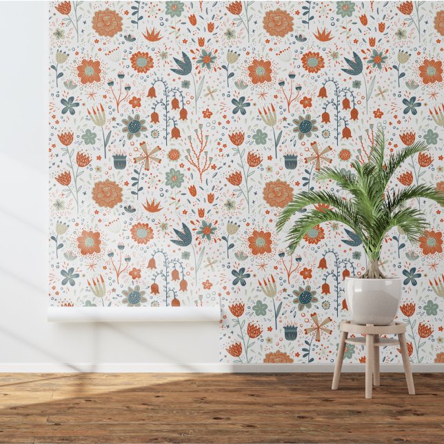Papel Pintado Flor silvestre floral moderna (Fun floral wallpaper in warm earth colors)