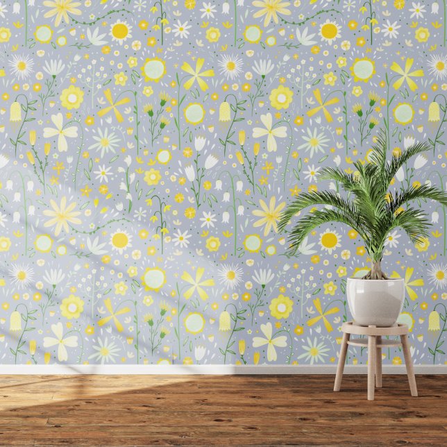 Papel Pintado Flor silvestre Jardín Azul Amarillo Flor (Wildflower floral white yellow duck egg blue gray  art wallpaper)