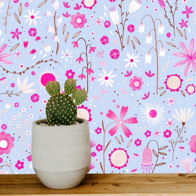 Papel Pintado Flor silvestre Jardín Azul Pink Flor (Pretty pink, blue and white wildflower art wallpaper)