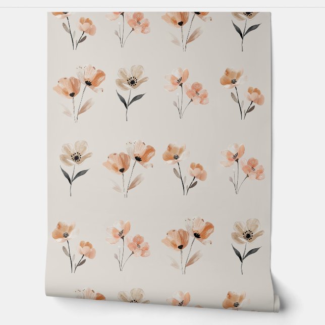 Papel Pintado Flor simple de adormidera de Boho Imprimir Beige (Desenrollar)