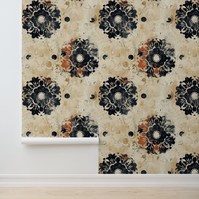 Papel Pintado Flor vectora ornamental grunge negra y marrón (Solicitud)