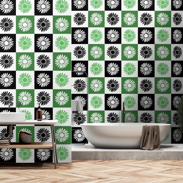Papel Pintado Flor verde, negra y blanca (Baño)