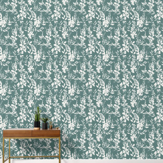 Papel pintado Flora en verde azulado y blanco 