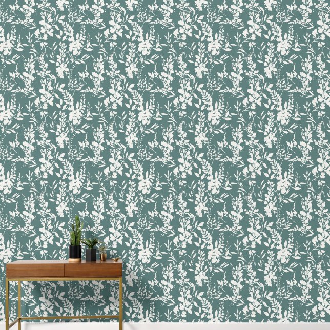 Papel Pintado Flora wallpaper in teal and white  (Pasillo)