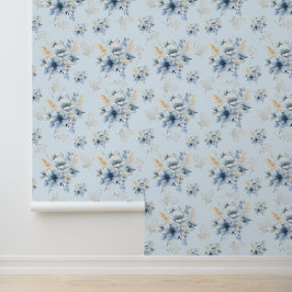 Papel Pintado Floral azul claro y dorado