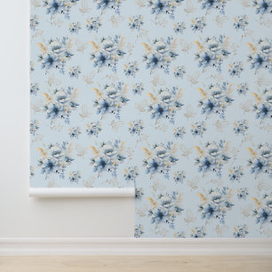 Papel Pintado Floral azul claro y dorado