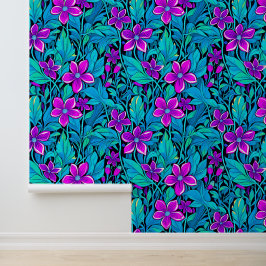 Papel Pintado Floral azul morado y Verde azulado de bonito