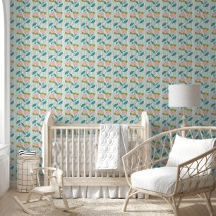 Papel Pintado Floral azul y rosa pastel rayado bonito