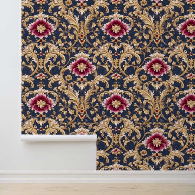 Papel Pintado Floral Barroco Real sobre Azul Profundo (Solicitud)