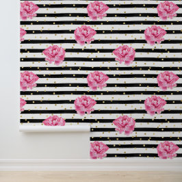 Papel Pintado Floral Black Stripe and Gold Confetti