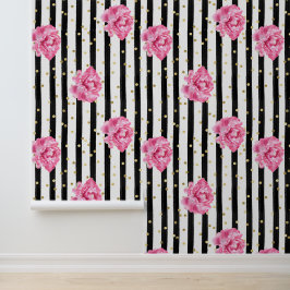 Papel Pintado Floral Black Vertical Stripe and Gold Confetti