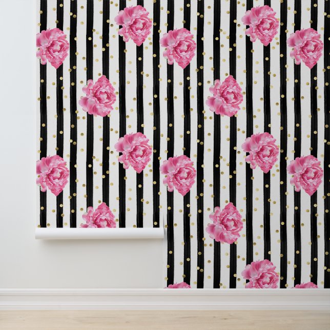 Papel Pintado Floral Black Vertical Stripe and Gold Confetti (Solicitud)