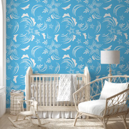 Papel Pintado Floral blanca con fondo azul cielo
