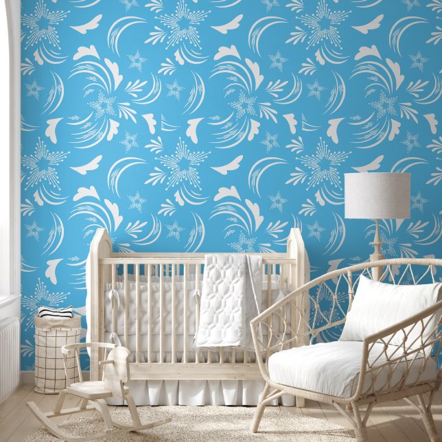 Papel Pintado Floral blanca con fondo azul cielo (Niños)