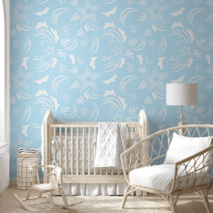 Papel Pintado Floral blanca con fondo azul claro