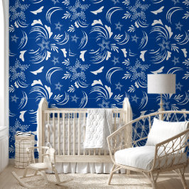 Papel Pintado Floral blanca con fondo azul oscuro
