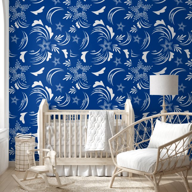 Papel Pintado Floral blanca con fondo azul oscuro (Niños)
