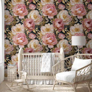 Papel Pintado Floral blanca rosada Peony en oro