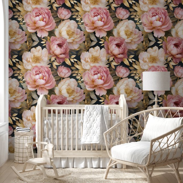 Papel Pintado Floral blanca rosada Peony en oro (Niños)