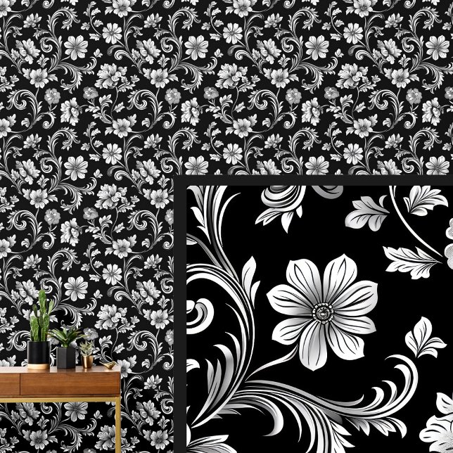 Papel Pintado Floral blanca sobre Damasco gótico dramático negro (Subido por el creador)