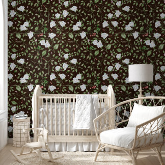 Papel Pintado Floral blanca y negra con hojas verdes