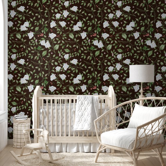 Papel Pintado Floral blanca y negra con hojas verdes (Niños)