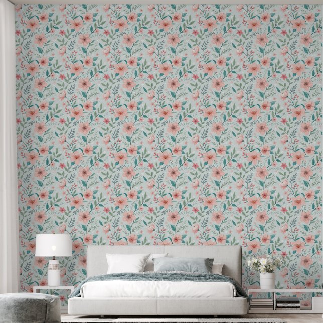 Papel pintado floral botánico rosa pastel (Dormitorio)