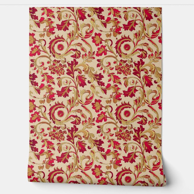 Papel Pintado Floral clásica roja y dorada (Desenrollar)