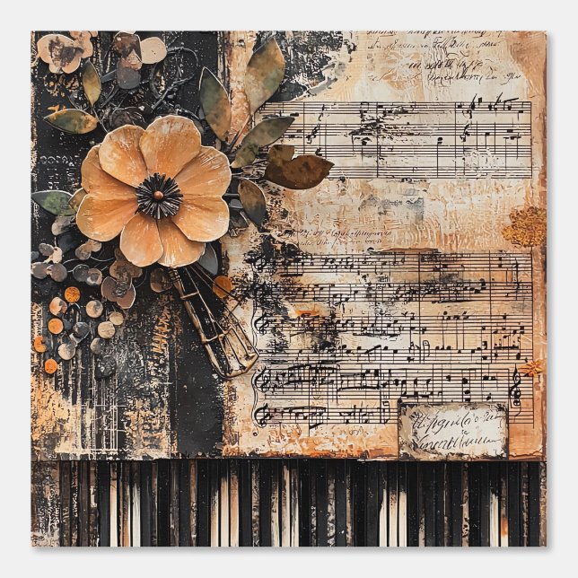 Papel Pintado Floral con claves de piano rústicas y hoja de músi (Anverso)