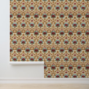 Papel Pintado Floral Damask Antiguo en Turquesa y Burdeos