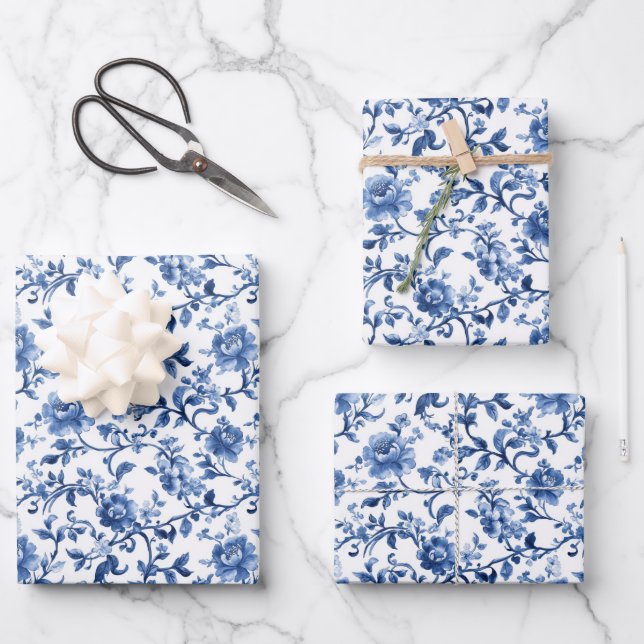Papel pintado floral de acuarela azul Toile Chinoi (Anverso)