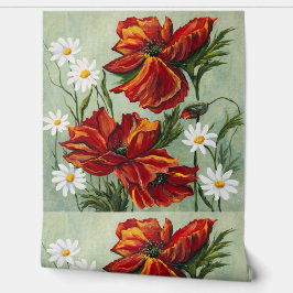 Papel pintado floral de amapola roja y margarita