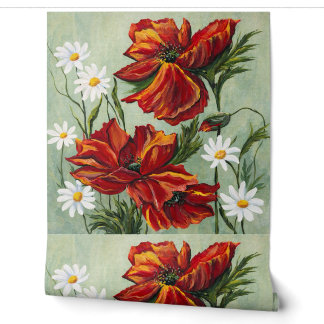 Papel pintado floral de amapola roja y margarita