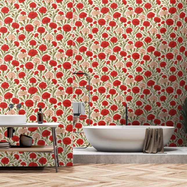 Papel Pintado Floral de carnación roja botánica romántica (Baño)