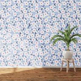 Papel Pintado Floral de cerezo blanco en azul