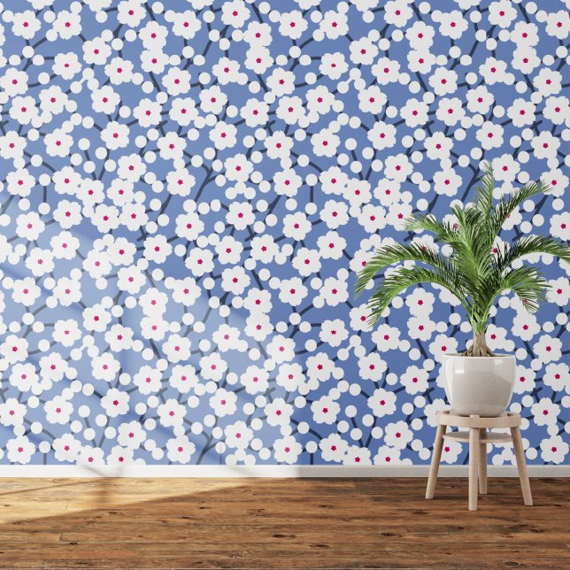 Papel Pintado Floral de cerezo blanco en azul cielo (White and blue cherry blossom art wallpaper)