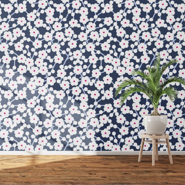 Papel Pintado Floral de cerezo blanco en azul índigo (White on navy blue cherry blossom art wallpaper)