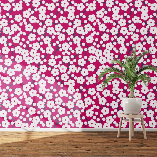 Papel Pintado Floral de cerezo blanco en rosa (White on pink cherry blossom art wallpaper)