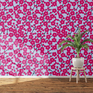 Papel Pintado Floral de cerezo Magenta azul rosa
