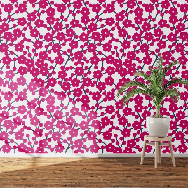 Papel Pintado Floral de cerezo Magenta Pink White (Pink and white cherry blossom art wallpaper)
