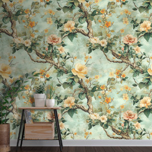 Papel Pintado Floral de color verde en el fondo verde estilo Chi