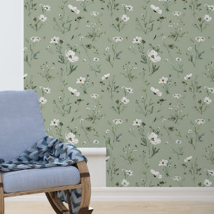 Papel pintado floral de flor blanca verde salvia 